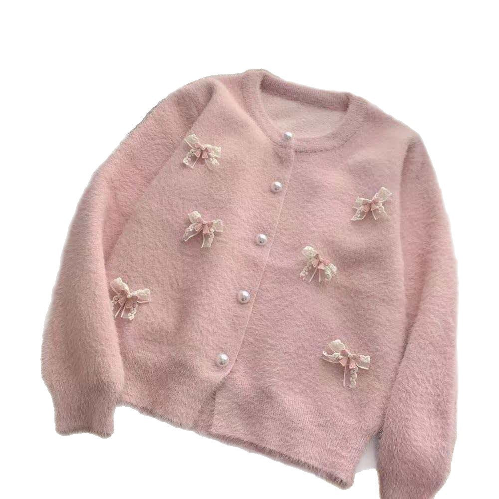 Design Sense 3D Bow Round Neck Single Breasted Knit Cardigan for Women