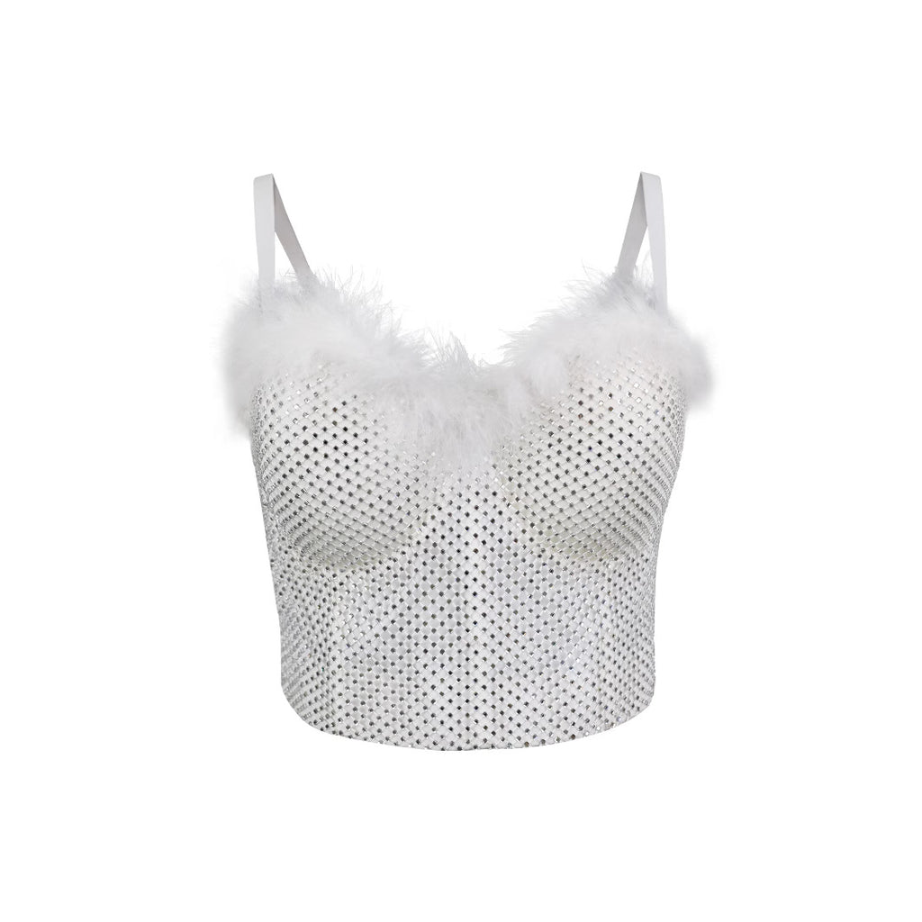 Lace-Up Back Fitted Camisole with Feather and Rhinestone Embellishments