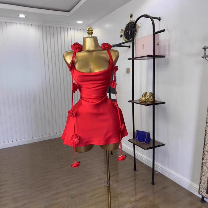 Vestido Corto Sin Mangas Floral Silueta A-Line Cintura Alta Detalle Calado Mujer