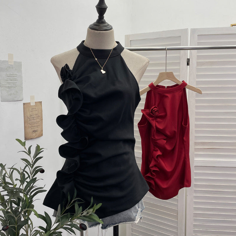 Sleeveless ruffled three-dimensional flower top