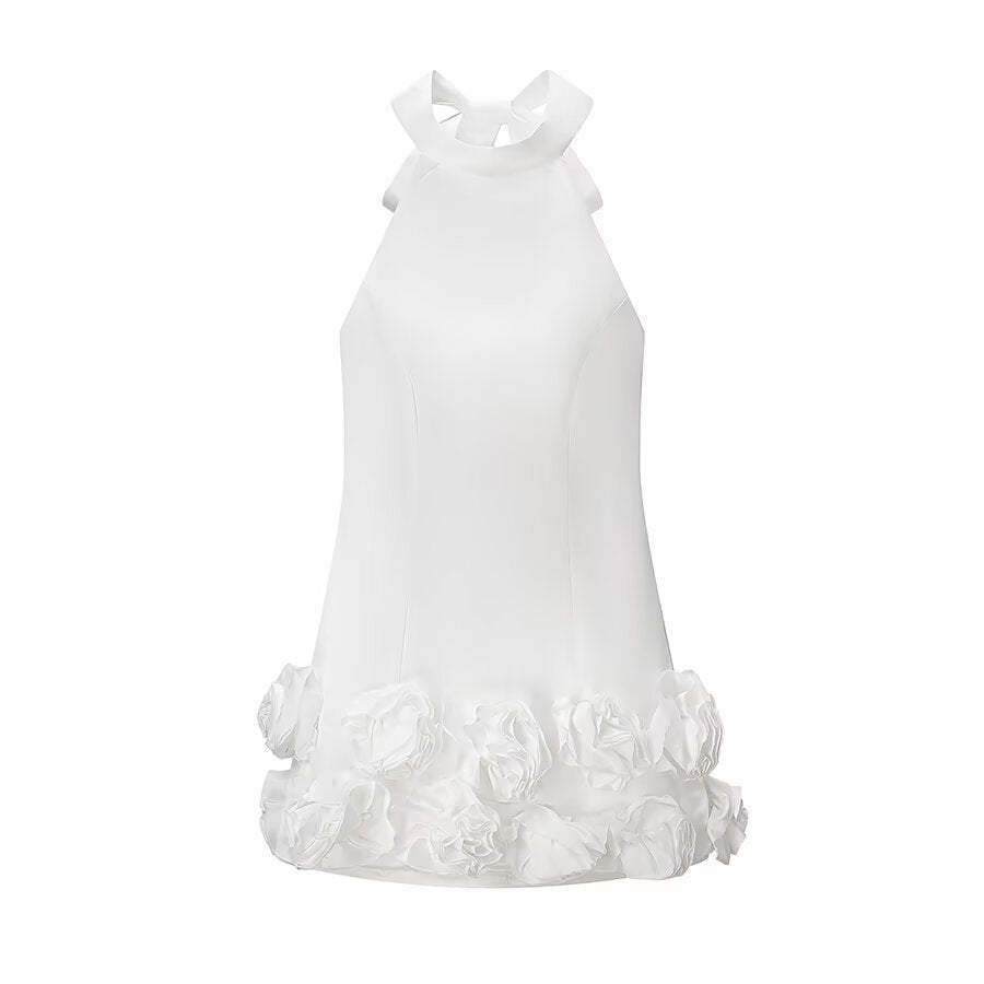 Vestido Corto Sin Tirantes Cuello Halter con Volantes Florales Ajustado Mujer