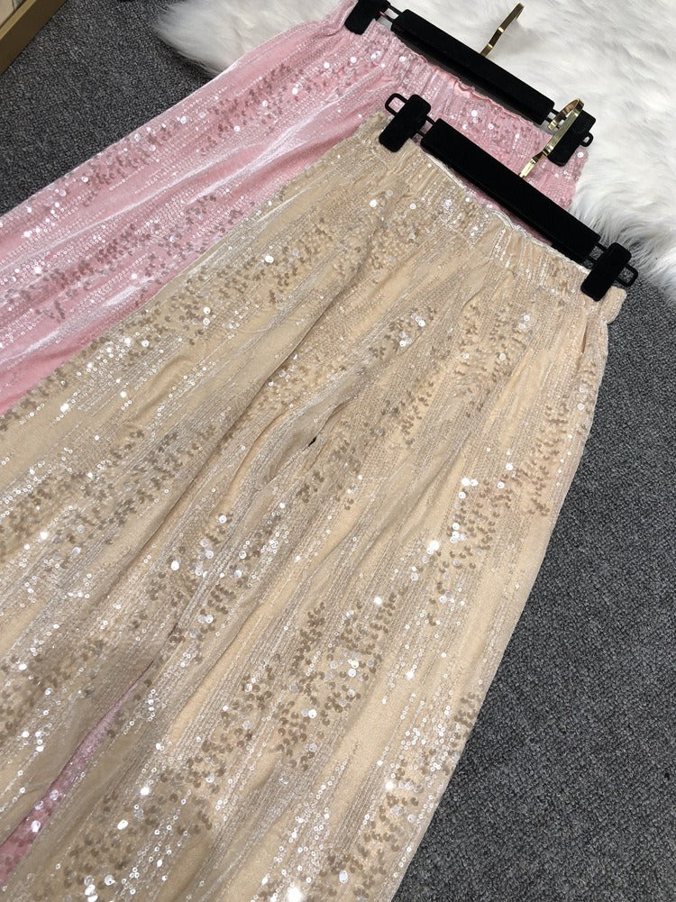 Pantalón Largo Pierna Ancha Ante Brillante Bordado Lentejuelas Hasta El Suelo Mujer