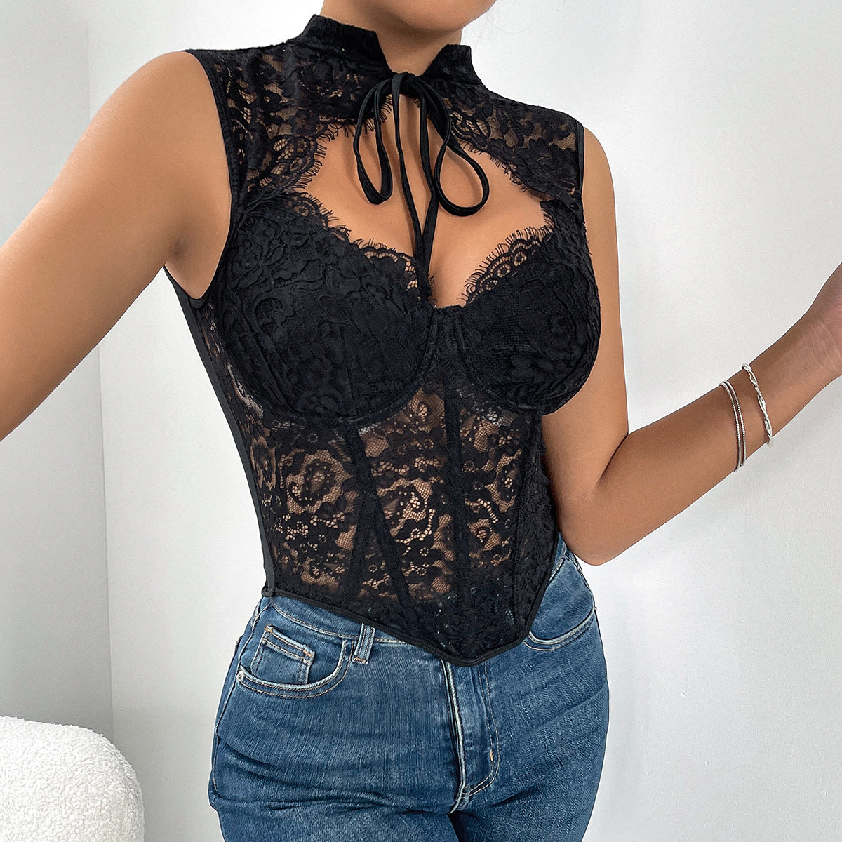 Top Encaje Transparente Bralette Corto Mujer