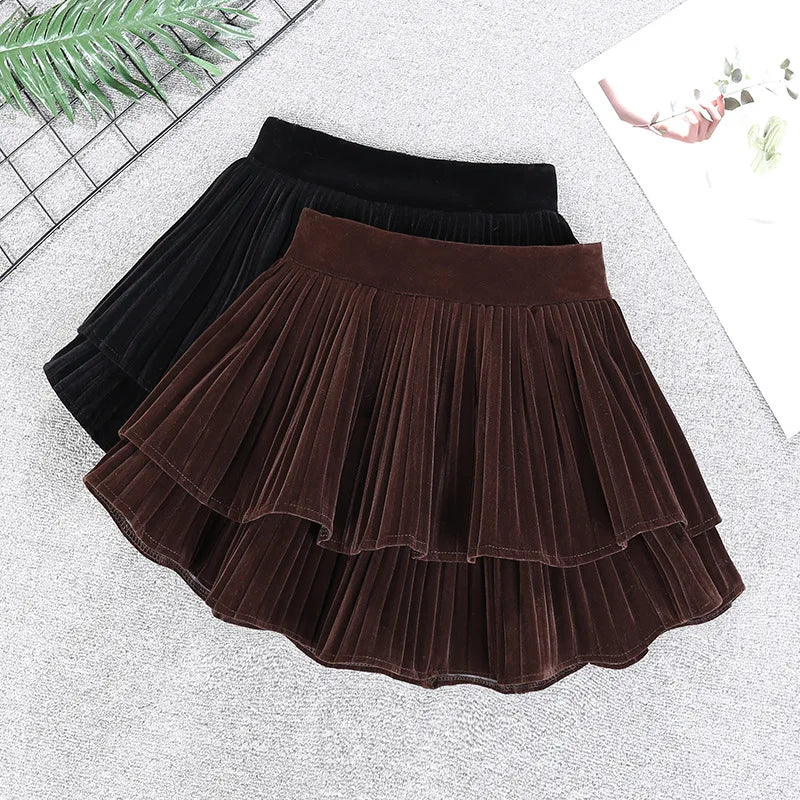 Velvet Tiered Mini Skirt  Low-Rise Ruffled Pleated Short Skirt in Brown Black Autumn Winter Vintage Outfit