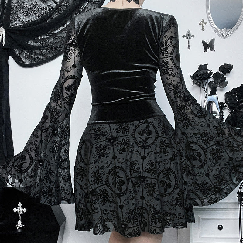 Elegant and slim fitting long skirt with retro dark velvet long sleeved dress for women