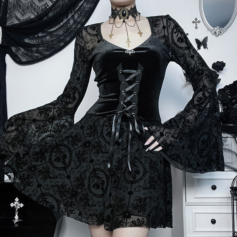 Elegant and slim fitting long skirt with retro dark velvet long sleeved dress for women
