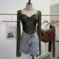 PU leather splicing mesh square neck long sleeved top