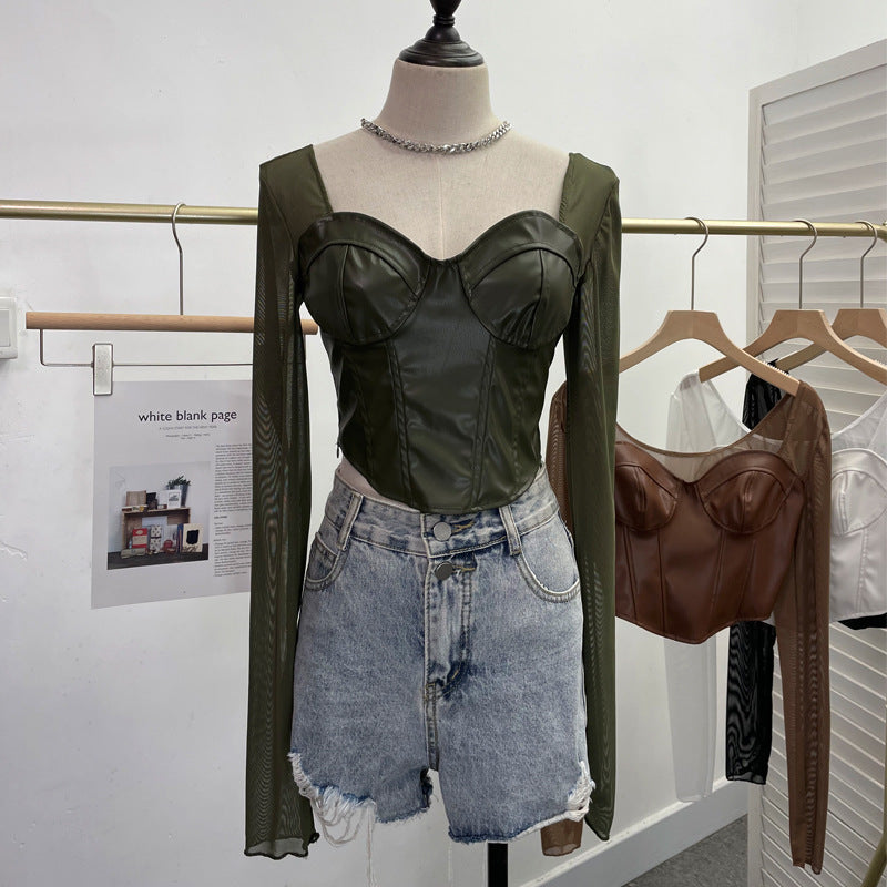 PU leather splicing mesh square neck long sleeved top