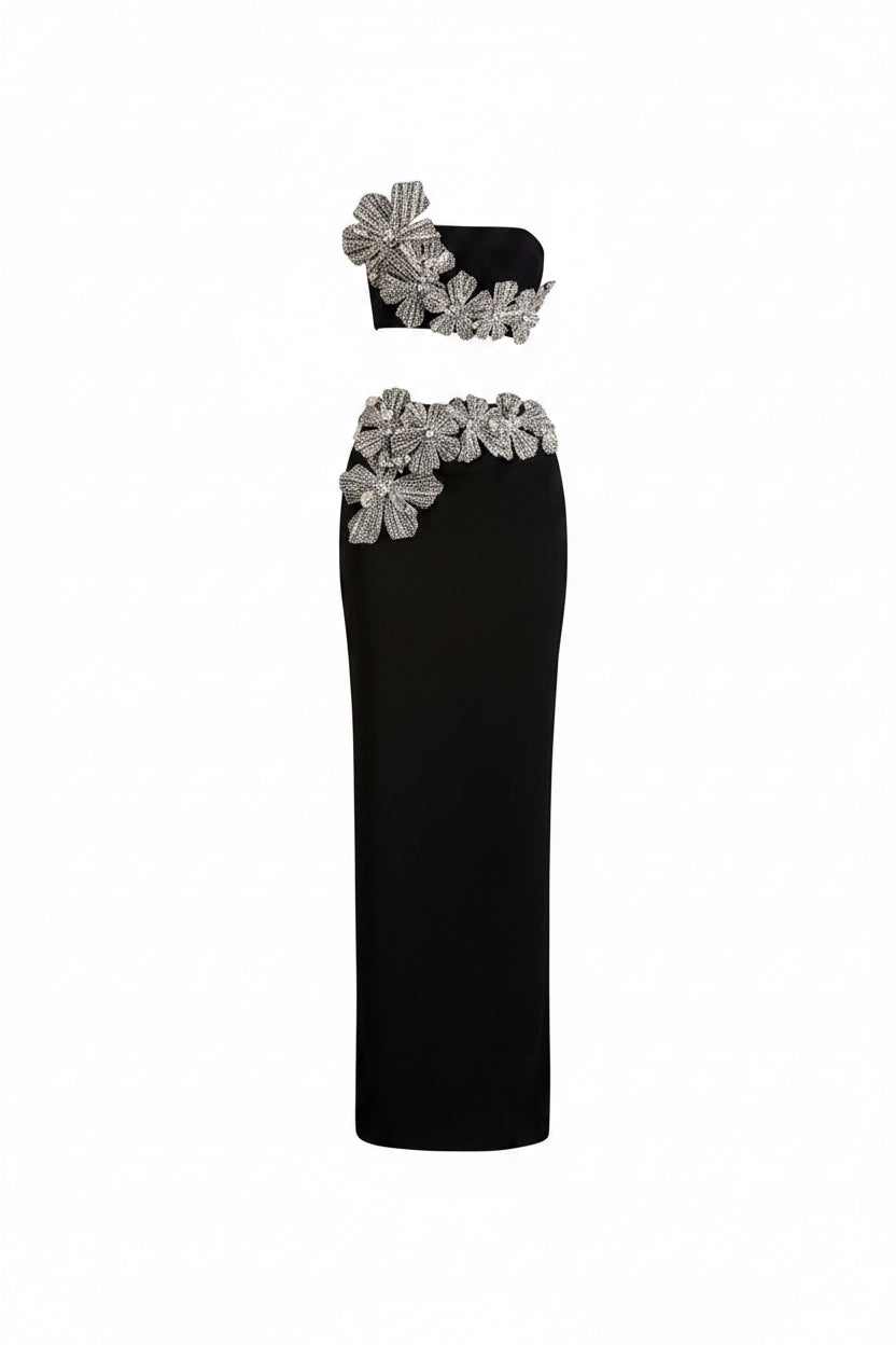 Top corto y falda larga con tirantes, flores, diamantes y cristales para mujer. Conjunto de dos piezas con vendaje. Vestido elegante para fiesta de noche.