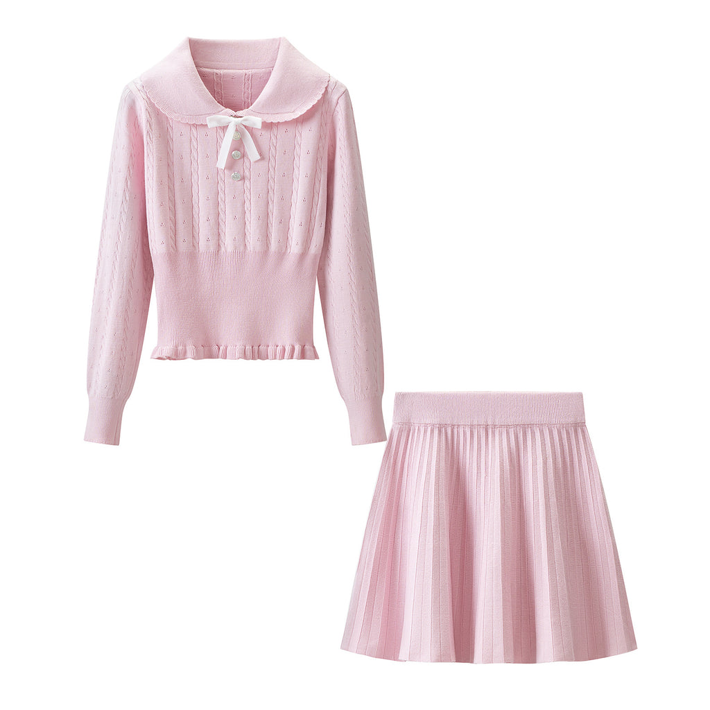 Conjunto Punto Elástico Dos Piezas Jersey Manga Larga Mini Falda Dulce Casual Otoño Invierno Mujer Rosa