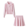 Conjunto Punto Elástico Dos Piezas Jersey Manga Larga Mini Falda Dulce Casual Otoño Invierno Mujer Rosa