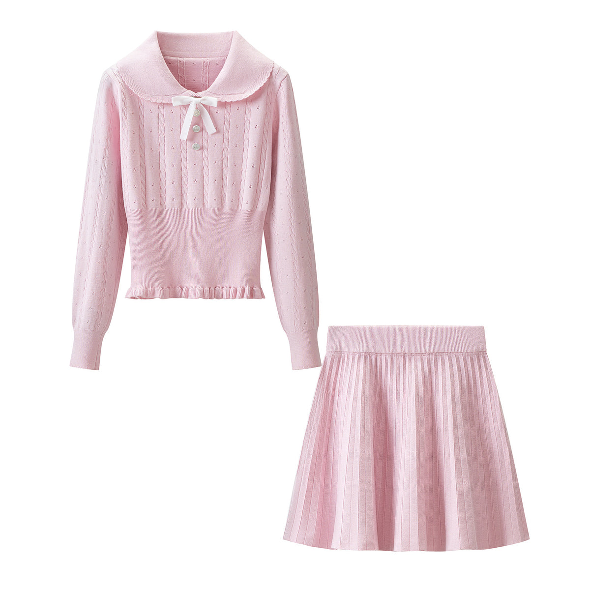 Conjunto Punto Elástico Dos Piezas Jersey Manga Larga Mini Falda Dulce Casual Otoño Invierno Mujer Rosa