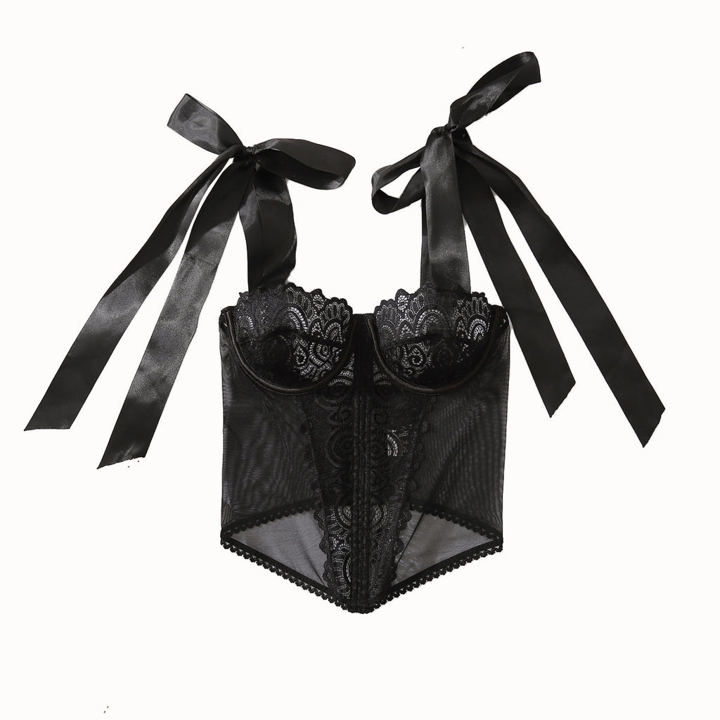Mesh fishbone corset pure desire for external wear slim fit tight fitting square neck long sleeved low cut top