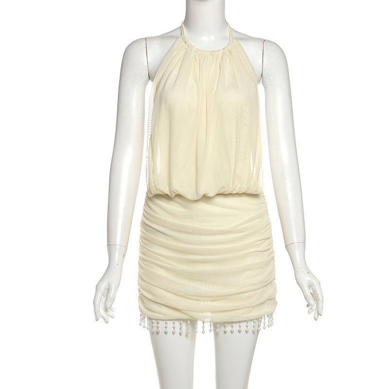 Sexy Crop Top Sleeveless Bodycon Fringe Beaded Halter Dress for Women