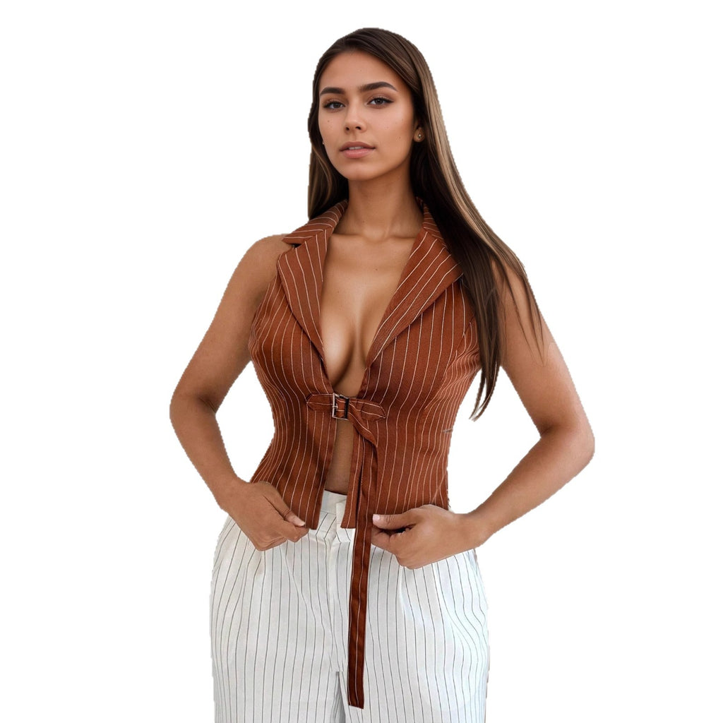 Waist tie and neck hanging polo collar top