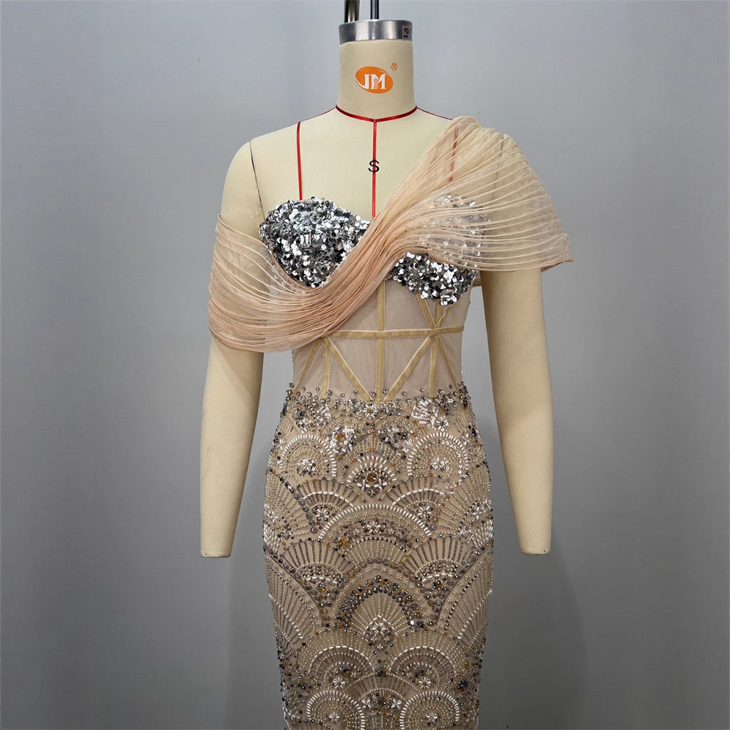 Vestido Largo Bodycon Un Hombro Sin Mangas Malla Empalmada Lentejuelas Sexy Elegante Fiesta Mujer Albaricoque