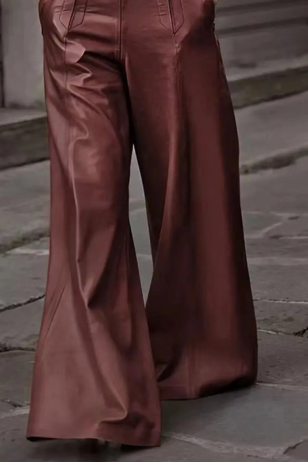 Pantalón Acampanado Cintura Alta Cuero Sintético PU con Bolsillos Mujer