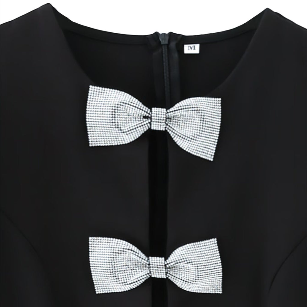 Vestido Mini Corto con Lazo Manga Abullonada Falda Vuelo Mujer