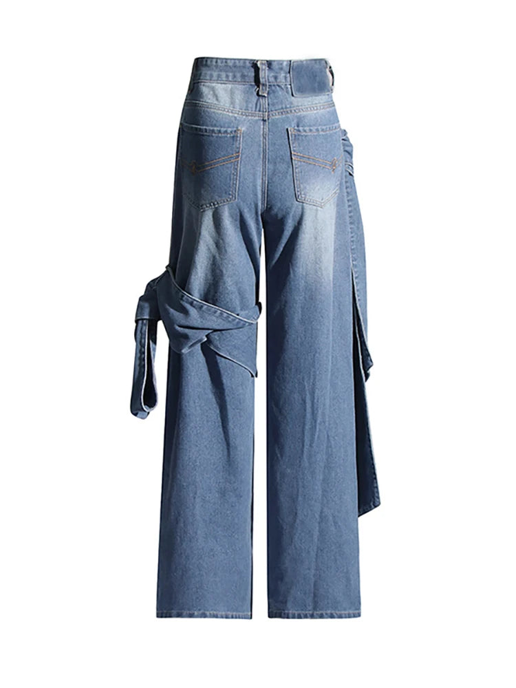 Vaqueros Pierna Ancha Cintura Alta Asimétrico Lazo Patchwork Denim Mujer