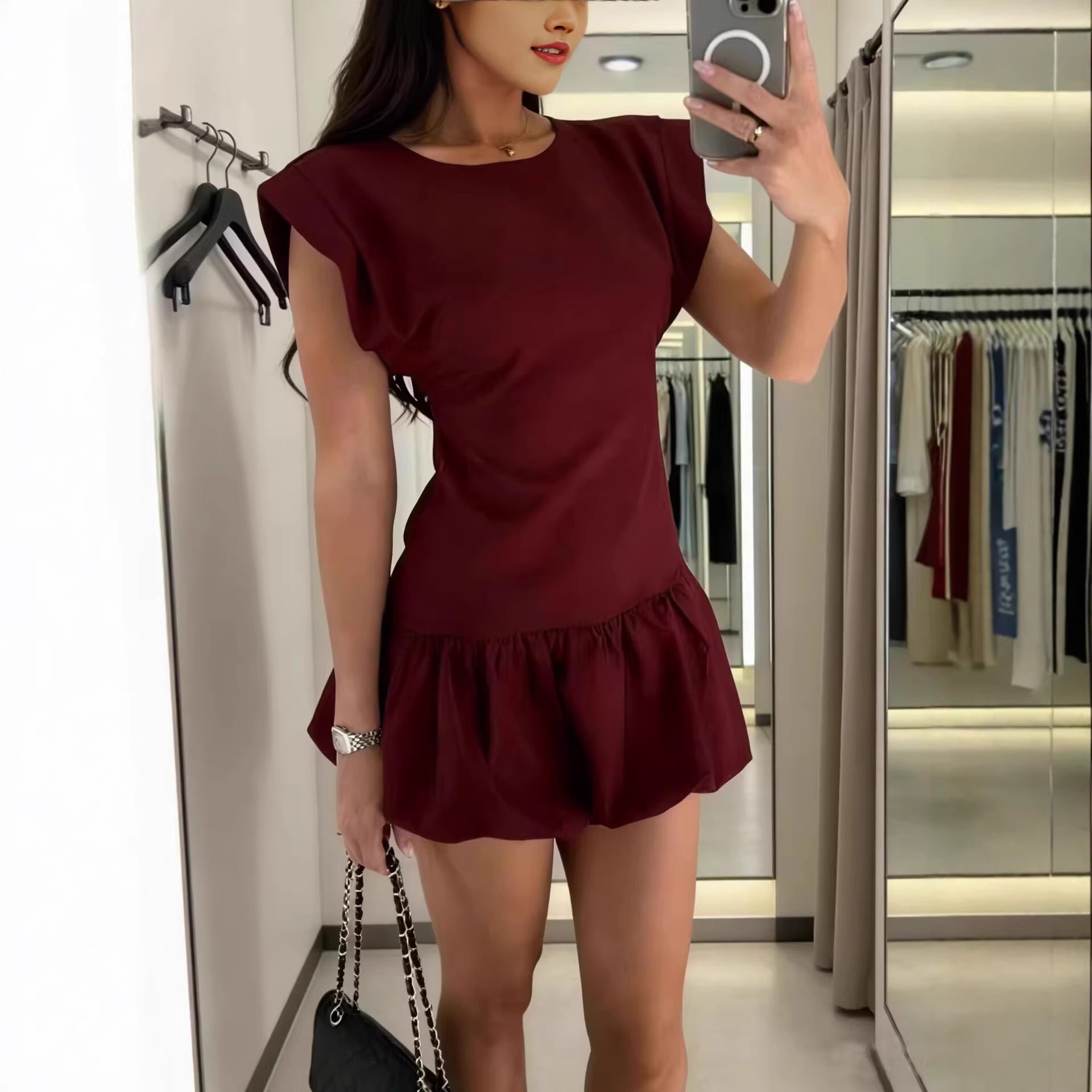 Chic Solid Color Short Sleeve Ruffle Dress for Women  Fashion Dress