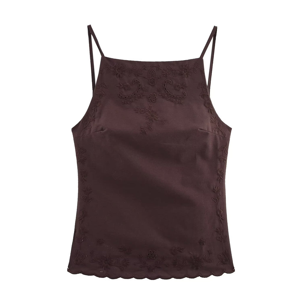 Conjunto Dos Piezas Top Bordado Espalda Descubierta Sin Mangas y Pantalón Largo Casual Poliéster Slim Fit Mujer Marrón