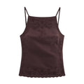 Conjunto Dos Piezas Top Bordado Espalda Descubierta Sin Mangas y Pantalón Largo Casual Poliéster Slim Fit Mujer Marrón