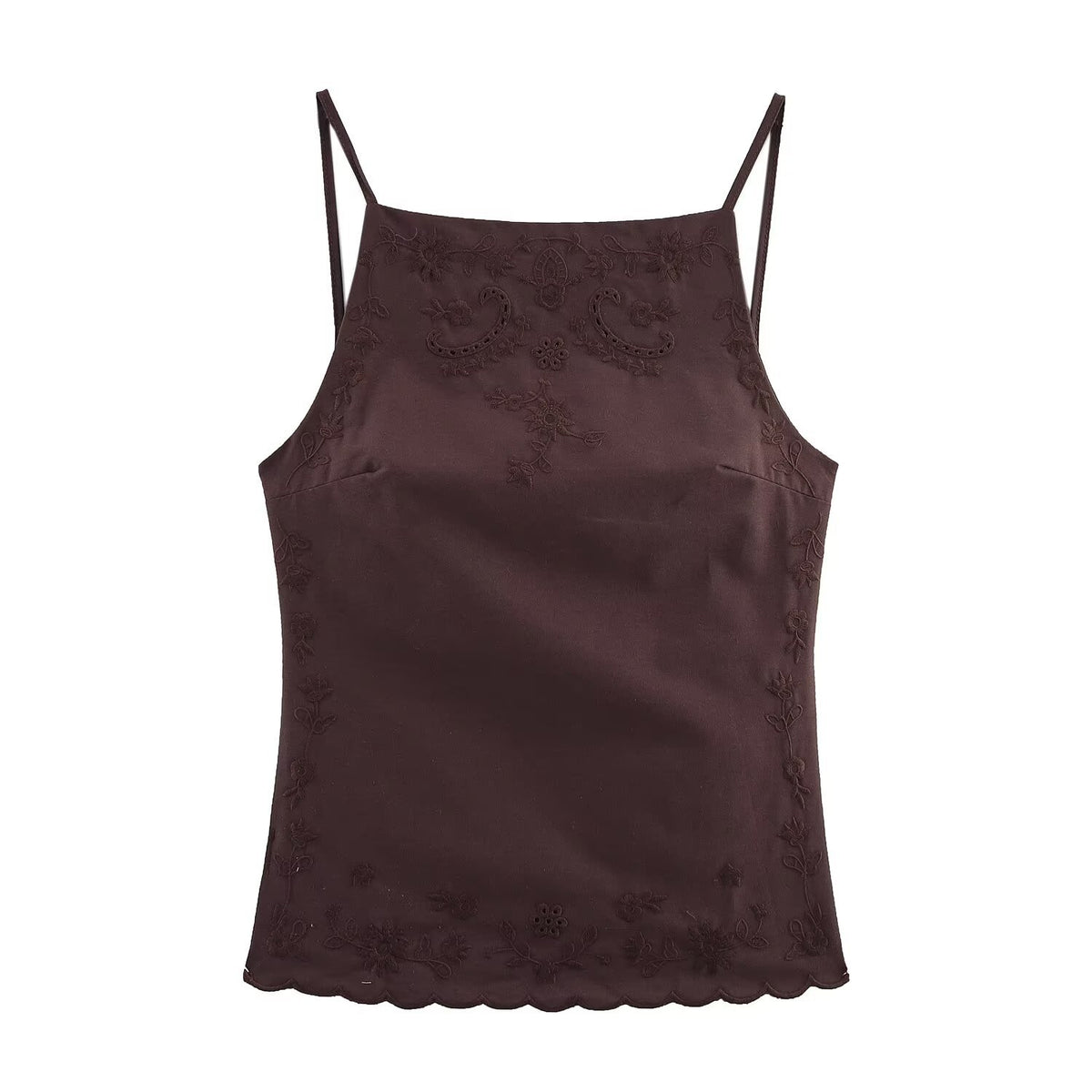 Conjunto Dos Piezas Top Bordado Espalda Descubierta Sin Mangas y Pantalón Largo Casual Poliéster Slim Fit Mujer Marrón