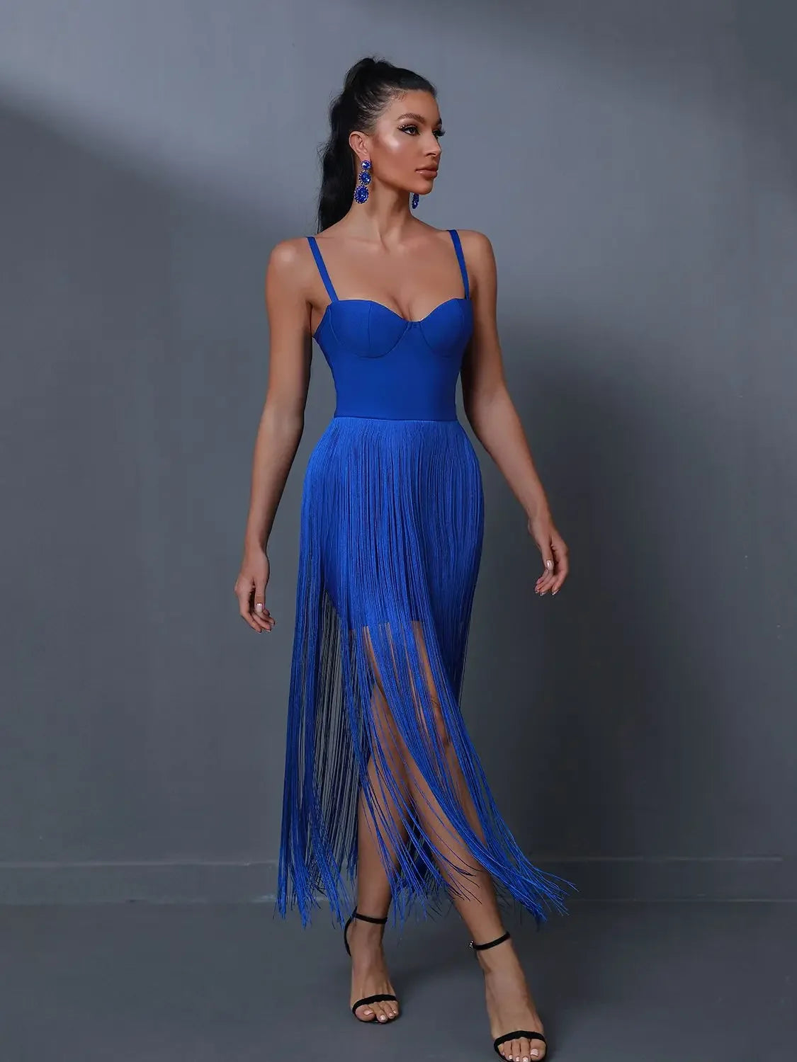 Vestido para Evento con Flecos Azul eléctrico