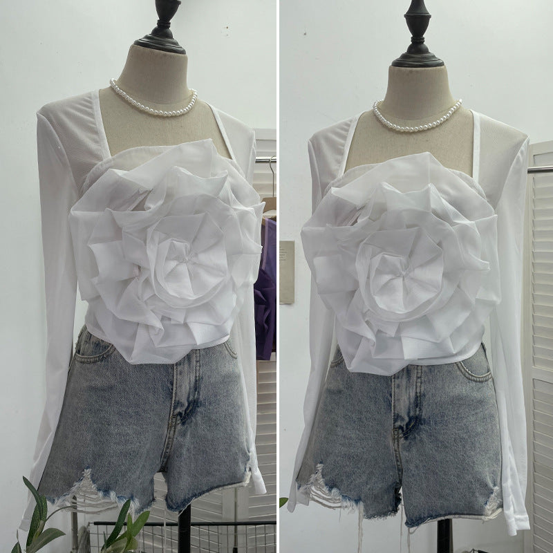 Top Malla Flores 3D Manga Larga Cuello Cuadrado Mujer