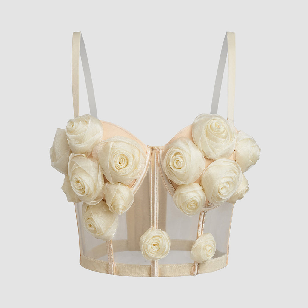 Top Bustier Malla Espalda Abierta Flor Rosa Sexy Mujer