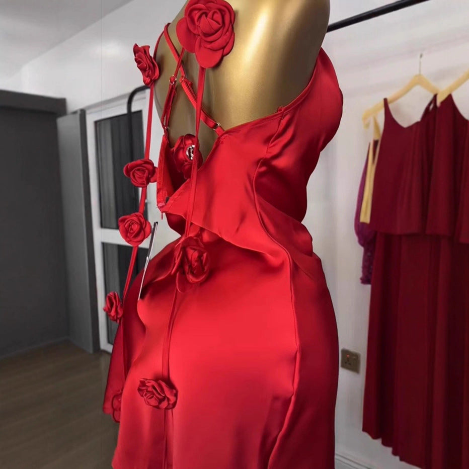 Vestido Corto Sin Mangas Floral Silueta A-Line Cintura Alta Detalle Calado Mujer