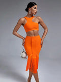 Conjunto de Dos Piezas de Vendaje para Mujer: Top y Falda Elegante, Sexy, con Flecos en Naranja