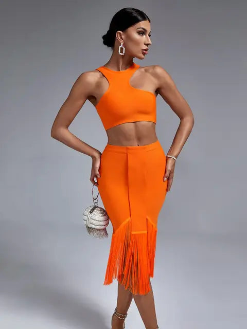 Conjunto de Dos Piezas de Vendaje para Mujer: Top y Falda Elegante, Sexy, con Flecos en Naranja