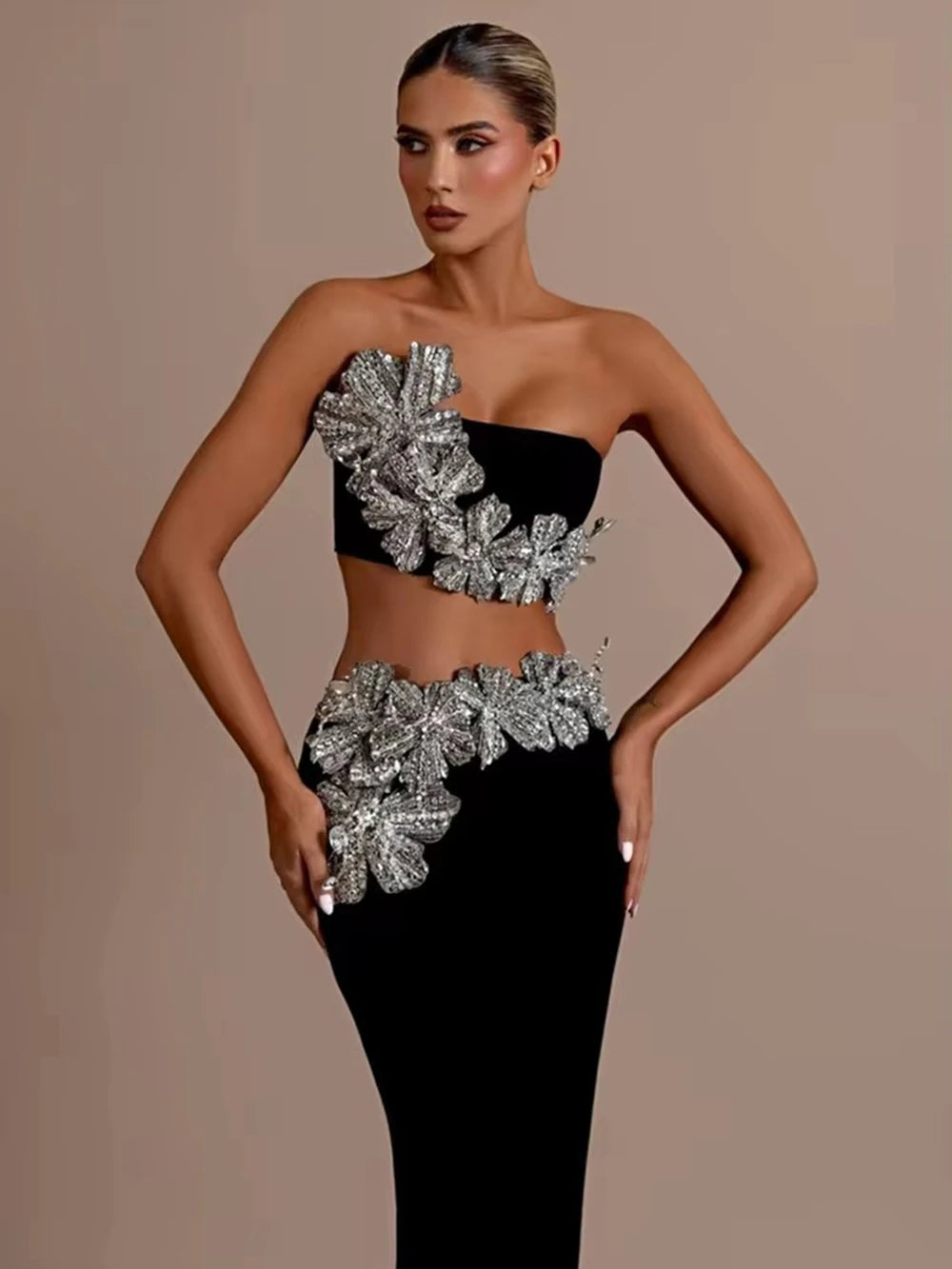 Top corto y falda larga con tirantes, flores, diamantes y cristales para mujer. Conjunto de dos piezas con vendaje. Vestido elegante para fiesta de noche.