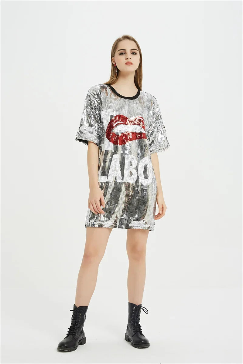 Short Sleeve Loose Design Women's Wear Sequins Round Neck Streetwear Night Club Hip Hop T-Shirt