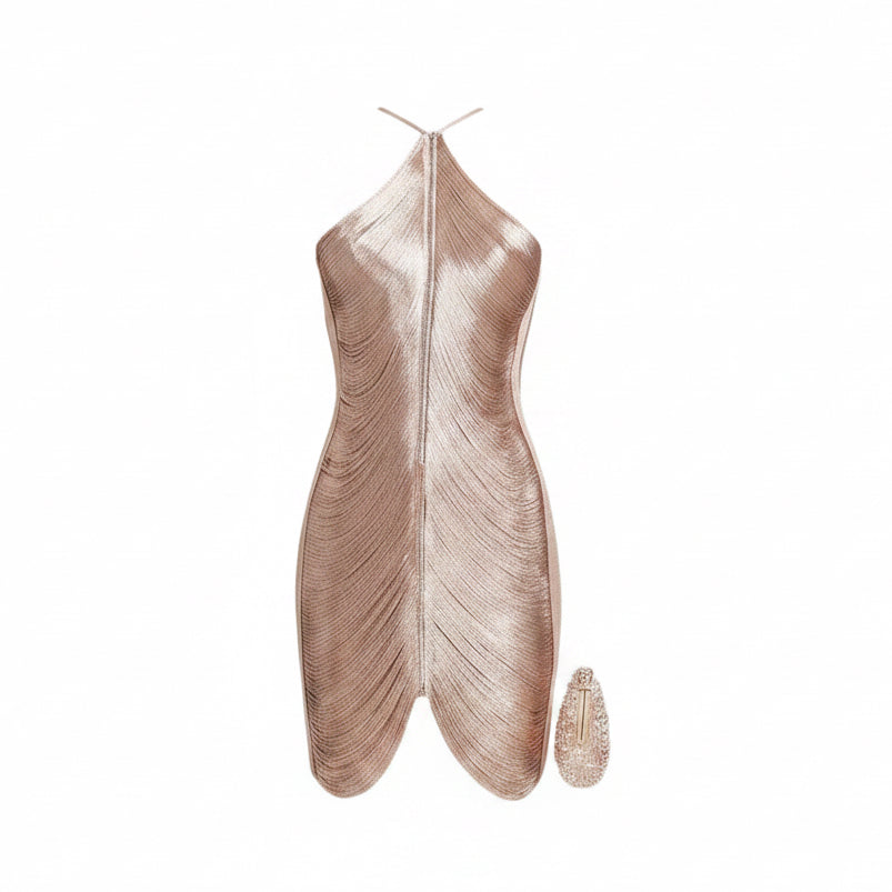 Vestido Mini Slim Halter Metálico Brillante para Mujer, Sin Mangas, Espalda Descubierta, Bodycon, Vestidos de Dama para Fiesta, Club, Noche