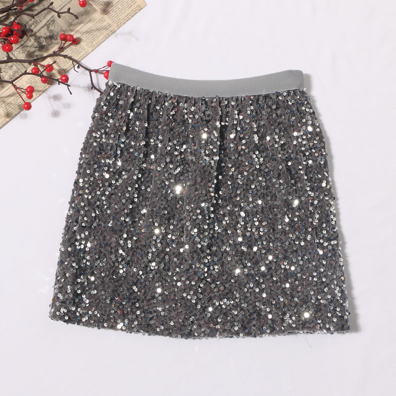 Sparkling A-line hip elastic high waisted short skirt