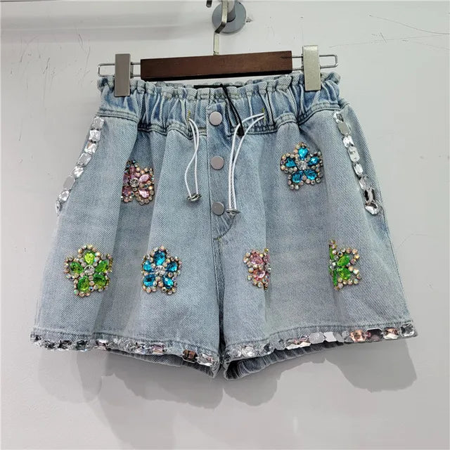 Denim shorts with Flower set with diamonds details elastic high waist loose fit and slimming effect