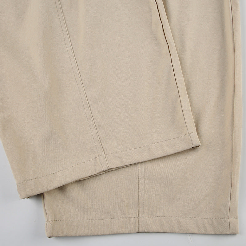 Pantalón Pierna Ancha Cintura Alta Encaje Empalme Retro Street Fashion Casual Caqui Mujer