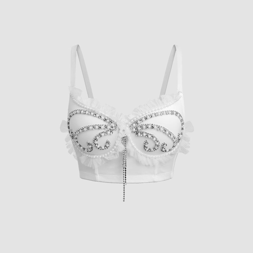 Women's Vest with Rhinestone  White Strap Inner Wear Spicy Girl