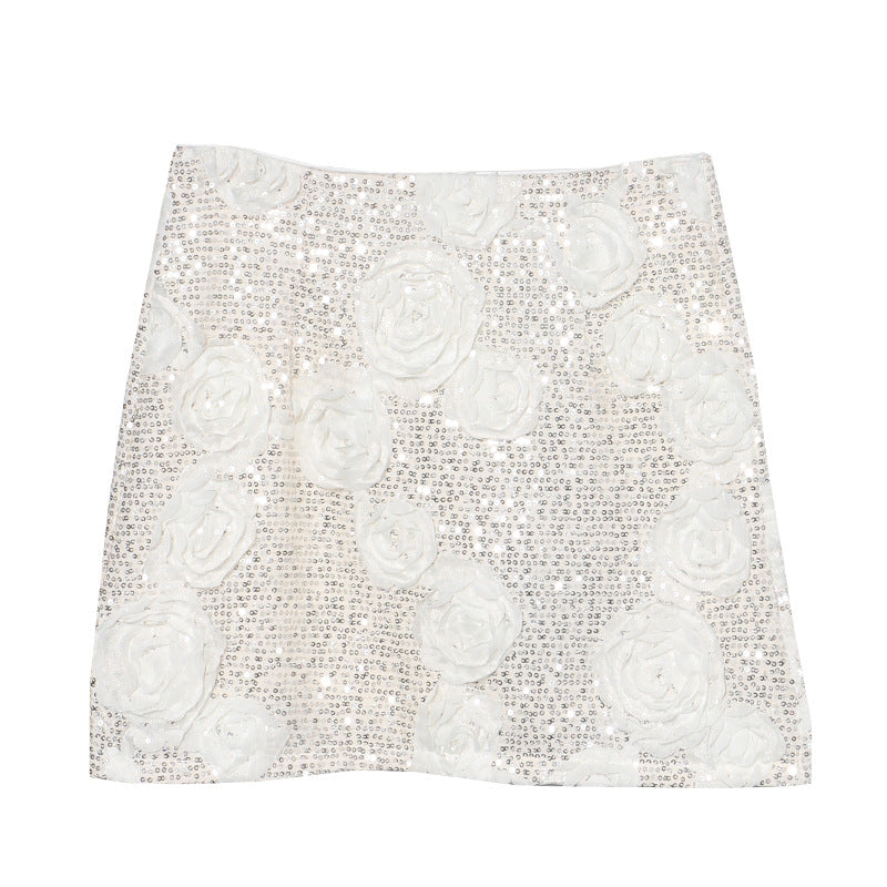 Three dimensional flower composite sequin wrapped hip skirt