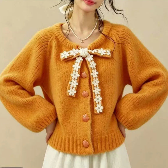 Soft Style Bow Flower Tie-Neck Knit Cardigan for Women