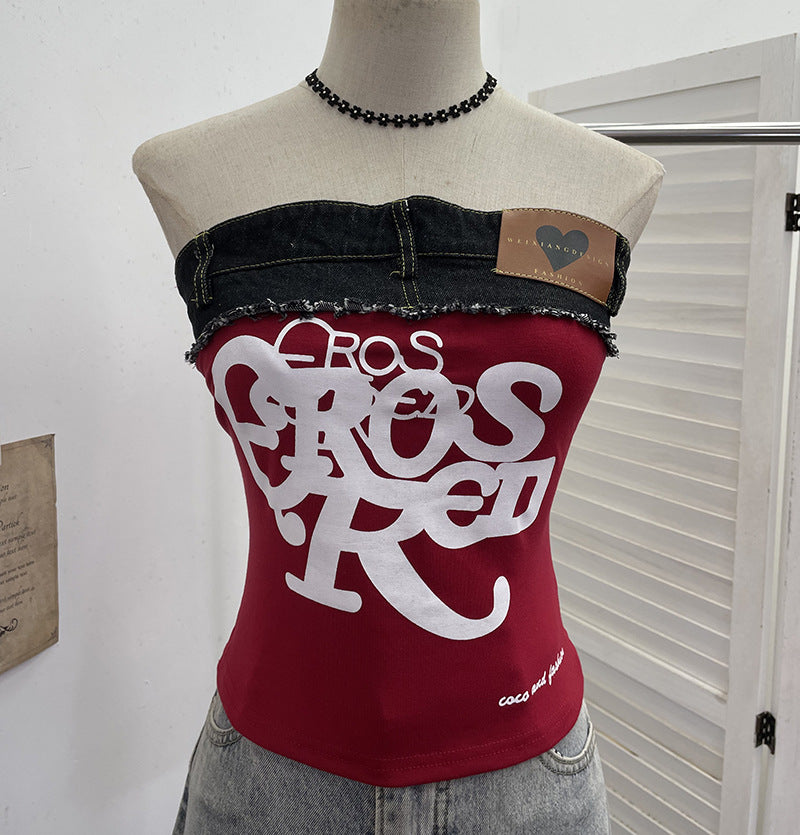Strapless spicy girl letter printed strapless top