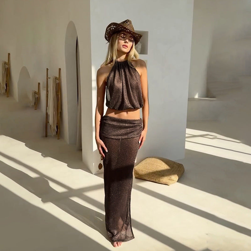 Conjunto Top Crop Sin Mangas y Falda Maxi Ajustada