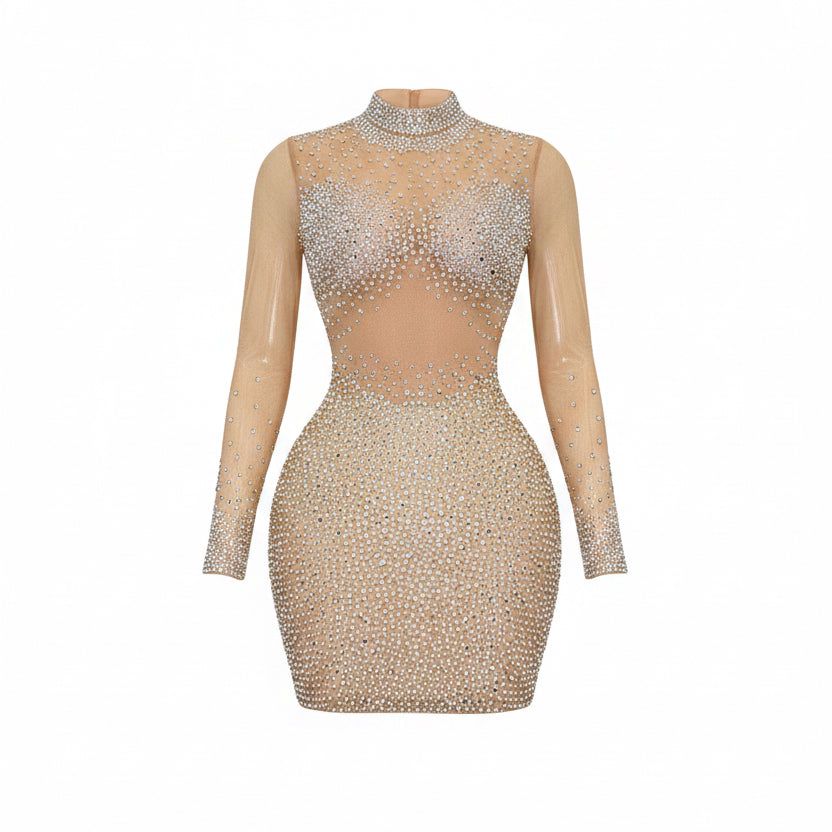 Vestido Sexy de manga larga con pedrería y transparente