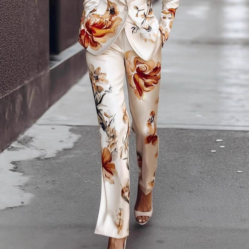 Conjunto Dos Piezas Blazer Satén Estampado Manga Larga Pantalón Largo Elegante Estilo Europeo Mujer