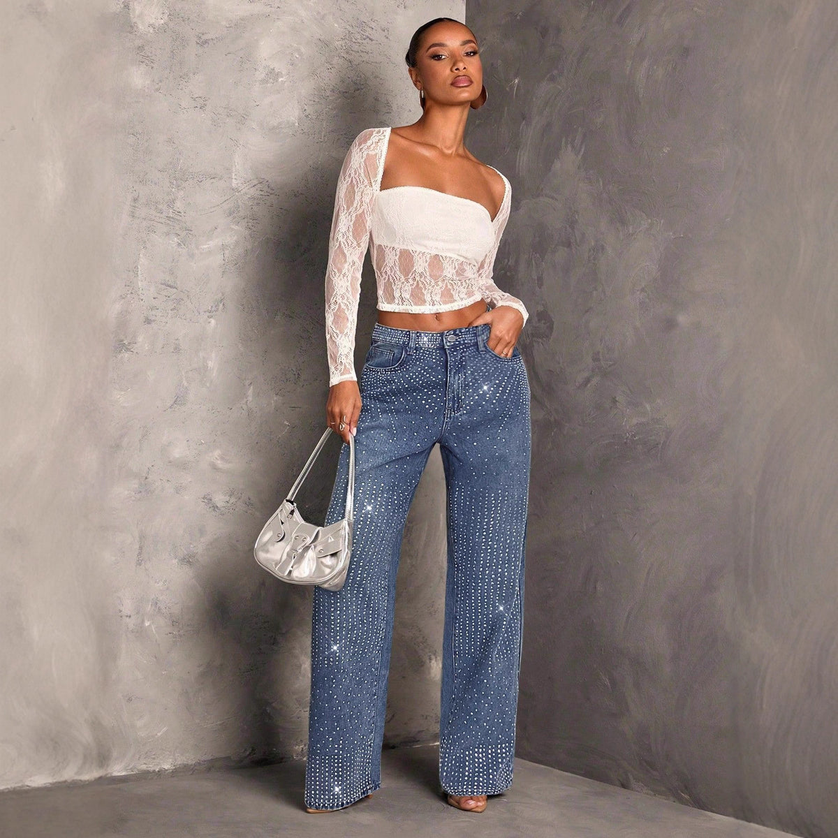 Vaquero Recto Holgado Talle Medio Strass Irregular Denim Street Fashion Mujer