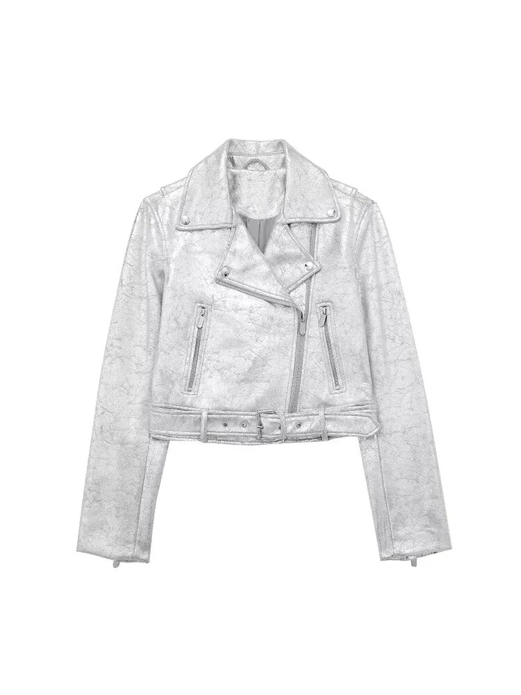 Chaqueta Bomber Corta Cuero Sintético Plateado Manga Larga Solapa Bolsillos Streetwear Otoño Mujer