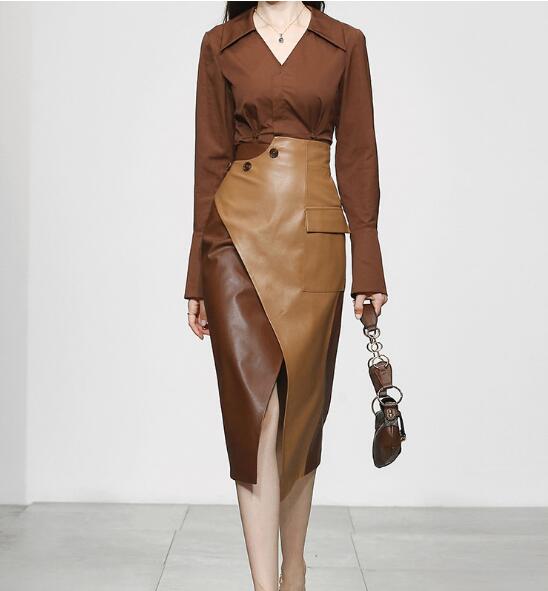 New Women's Fashion Temperament Two-Piece Brown Shirt Shirt PU Leather Skirt Long Skirt Skirt Suit