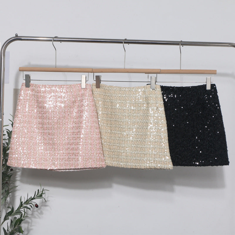 Mini Falda Lápiz Lentejuelas Brillantes Tejido Lana Poliéster Glam Festivo Mujer